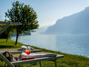 un tavolo da picnic con un drink accanto all'acqua di Hotel Seeburg - Adults only a Ringgenberg