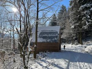 een persoon die voorbij een bord in de sneeuw loopt bij Chatka pod Lysou in Ostravice