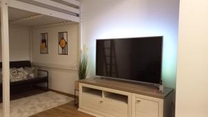 a living room with a flat screen tv on a stand at Onix-Vital Apartman Orfű in Orfű