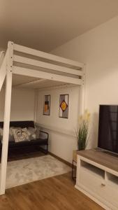 a room with a bunk bed and a television at Onix-Vital Apartman Orfű in Orfű