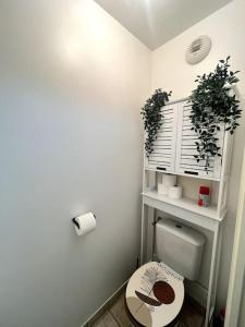 een badkamer met een toilet en een plank met planten bij Cocon Eudenia - accès direct PARIS - 2 MIN RER - PARKING GRATUIT in Cergy