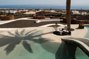 uma sombra de uma palmeira ao lado de uma piscina em César Lanzarote Luxury Boutique Hotel - Adults Only em La Asomada