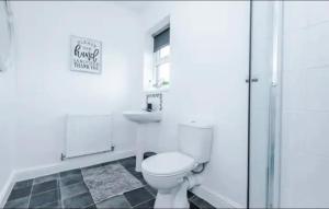 een witte badkamer met een toilet en een wastafel bij St Helens - Cosy 1 Bed in Saint Helens