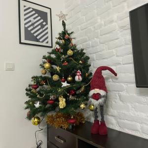 a christmas tree with a santa hat on a table at Квартира у Старому місті in Kamianets-Podilskyi