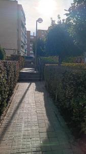 a brick sidewalk with bushes and a street light at El Colmenar Habitaciones in Madrid