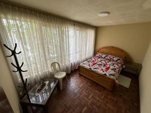 um pequeno quarto com uma cama e uma janela em Acogedor Dpto. Con Jardin P.Baja em Cochabamba