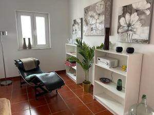 a living room with a chair and white shelves at Penthouse Alentejana in Vila Nova de Milfontes