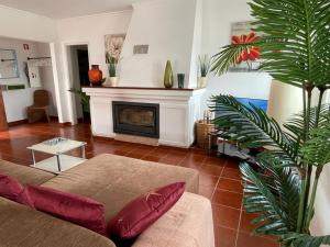 a living room with a couch and a fireplace at Penthouse Alentejana in Vila Nova de Milfontes