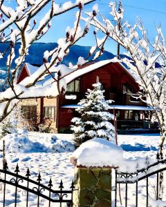 una casa coperta di neve con un recinto e un albero di Natale di Садиба Карпат a Verkhovyna