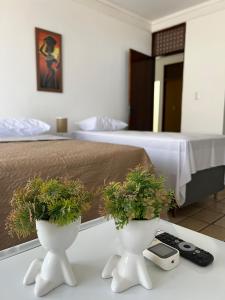 a hotel room with a bed and two vases with plants at Pousada Mangai in João Pessoa