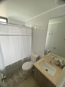 ein Badezimmer mit einem WC, einem Waschbecken und einem Spiegel in der Unterkunft Surf and Relax Apartment in Iquique