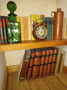 ein Holzregal mit Büchern und einem Wecker in der Unterkunft Focus Hotel in Kortrijk