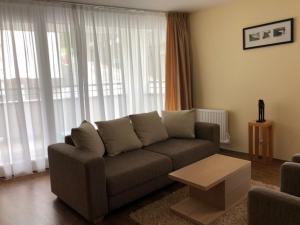 a living room with a couch and a coffee table at Apartman priamo na svahu in Donovaly