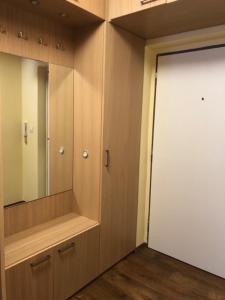 a bathroom with a closet with a mirror and a door at Apartman priamo na svahu in Donovaly