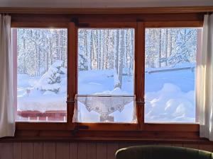 een raam met uitzicht op een met sneeuw bedekte tuin bij Chalet M in Davos