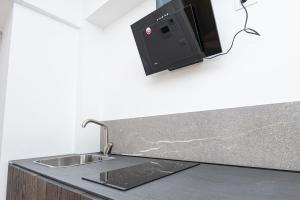 eine Küchentheke mit einer Spüle und einer Mikrowelle in der Unterkunft Hurban Apartments Venezian in Triest