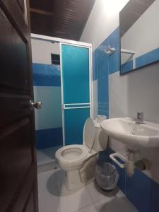 La salle de bains bleue et blanche est pourvue de toilettes et d'un lavabo. dans l'établissement Apartahotel San Miguel, à San Gil