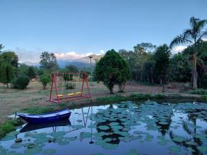 une balançoire dans un étang avec des nénuphars dans l'établissement เรือนแฝด Brook view, à Pai