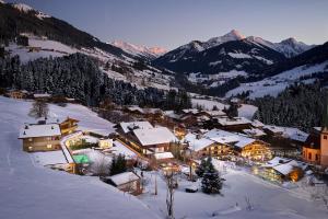 una ciudad cubierta de nieve con montañas en el fondo en Der Böglerhof - pure nature spa resort, en Alpbach