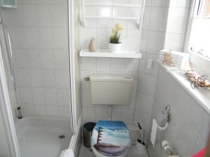 Baño con aseo con una foto en la tapa en Ferienwohnung Seeblick - b47745, en Neuharlingersiel