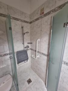 e bagno con doccia, servizi igienici e porta in vetro. di CityHotel Cristina Vicenza a Vicenza