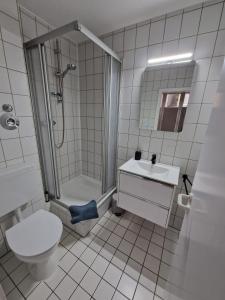 e bagno con doccia, servizi igienici e lavandino. di Katrins-Wohntraum a Rendsburg