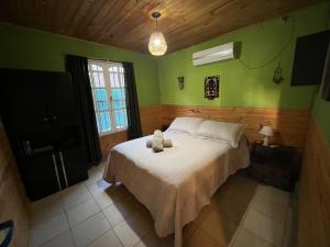 ein Schlafzimmer mit einem Bett in einem Zimmer mit grünen Wänden in der Unterkunft Cabaña Terra Calma in Vistalba