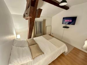 una camera con letto bianco e TV di Spacieux & Charmant 2 chambres - Lyon Bron Eurexpo a Bron