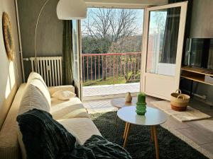 a living room with a couch and a tv and a table at Appartement Les Oiseaux in Thionville