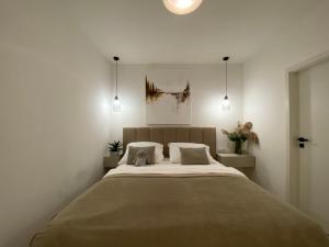 a bedroom with a large bed with two pillows at Loft Vrchlabí in Vrchlabí