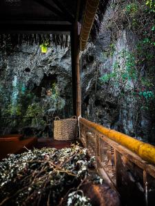 a room with a stone wall and a bench with plants at Trang An Lamia Bungalow in Ninh Binh