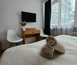 een hotelkamer met een bed met handdoeken erop bij Szum i Las in Szklarska Poręba