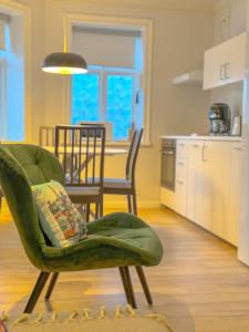 Il comprend un salon avec une chaise verte et une cuisine. dans l'établissement Enjoy Reykjavík Yellow Door Apartment, à Reykjavik