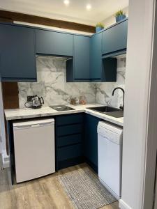 a kitchen with blue cabinets and a white dishwasher at The Old Barn one bedroom apartment in Overton in Overton