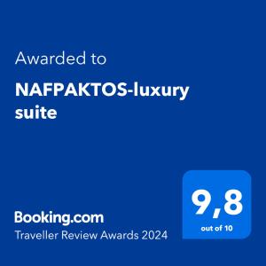 Majutusasutuses NAFPAKTOS-luxury suite olev sertifikaat, autasu, silt või muu dokument