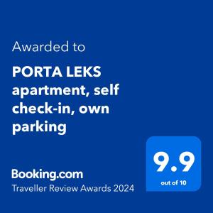 斯科普里PORTA LEKS apartment, self check-in, own parking的带有要门户的文本的电话的屏幕截图,让预约自动检查