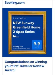 Un certificado, premio, letrero u otro documento en NEW Sunway Greenfield Home 2-6pax 5mins to Sunway Pyramid