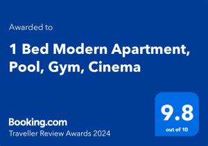 Certificate, award, sign, o iba pang document na naka-display sa 1 Bed Modern Apartment, Pool, Gym, Cinema