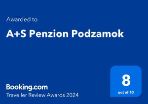 Certifikát, ocenenie alebo iný dokument vystavený v ubytovaní A+S Penzion Podzamok