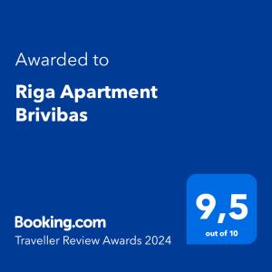 Sertifikatas, apdovanojimas, ženklas ar kitas apgyvendinimo įstaigoje Riga Apartment Brivibas with Private Parking matomas dokumentas