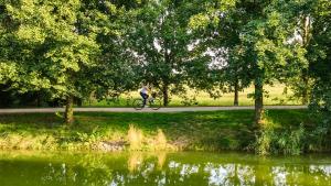 een persoon die fietst op een pad naast een meer bij penzion Dvorce in Třeboň