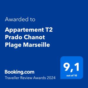 Sertifikat, penghargaan, tanda, atau dokumen yang dipajang di Appartement T2 Prado Chanot Plage Marseille