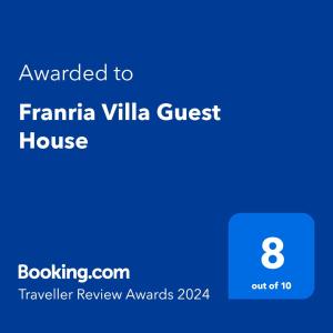 Franria Villa Guest House tanúsítványa, márkajelzése vagy díja