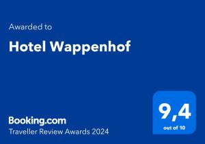 Certifikát, hodnocení, plakát nebo jiný dokument vystavený v ubytování Hotel Wappenhof