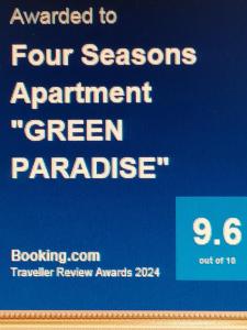 Sertifikāts, apbalvojums, norāde vai cits dokuments, kas ir izstādīts apskatei naktsmītnē Four Seasons Apartment "GREEN PARADISE"