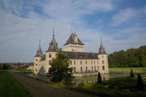 un gran castillo blanco con torres sobre un lago en Chateau Jemeppe, en Marche-en-Famenne