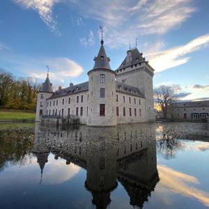 un gran castillo con su reflejo en el agua en Chateau Jemeppe, en Marche-en-Famenne