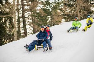 een groep mensen op een slee in de sneeuw bij Dolomites Smart Holidays in Valdaora