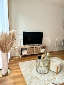 a living room with a flat screen tv on a entertainment center at Appartement avec magnifique vue sur la Saône et son balcon in Chalon-sur-Saône