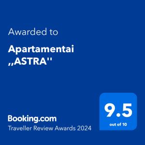 Сертификат, награда, вывеска или другой документ, выставленный в Apartamentai ,,ASTRA''